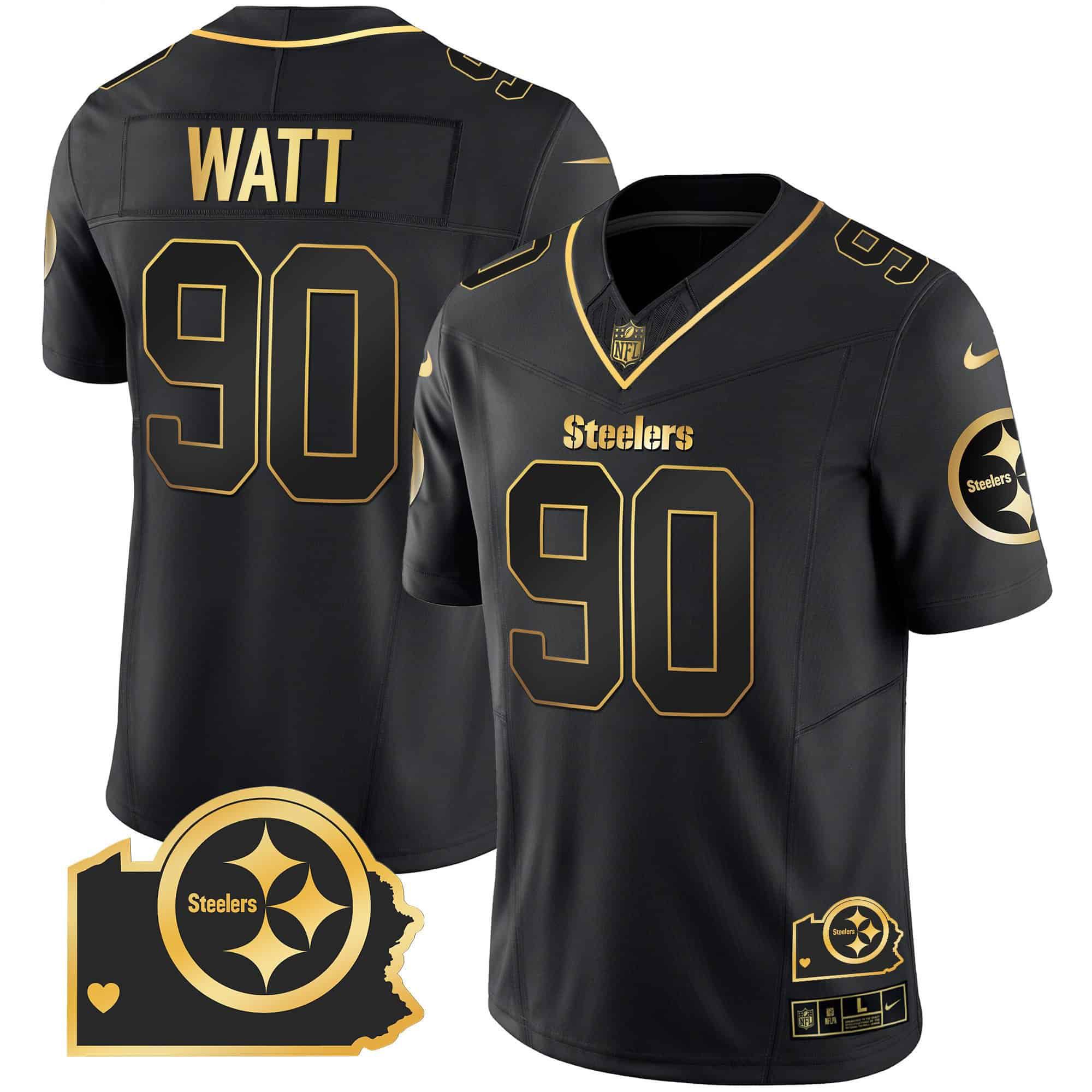 Men Pittsburgh Steelers #90 Watt Black Gold 2024 Nike Home Patch Vapor Limited NFL Jersey style 2